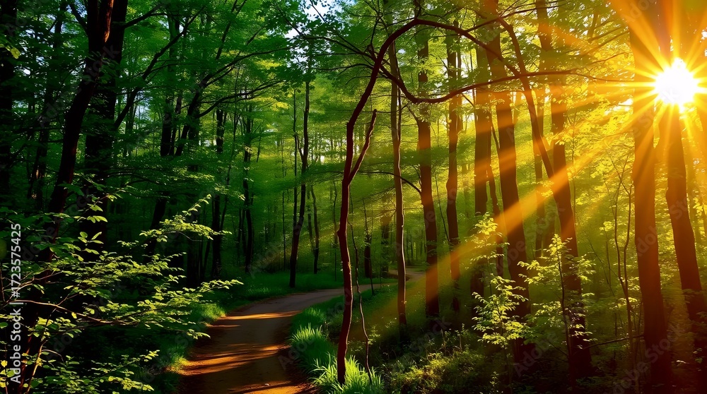 Fototapeta premium Lush green forest with warm sunlight