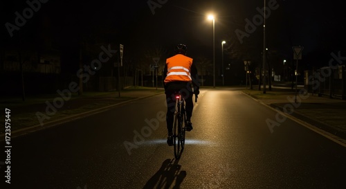 Night cycling with safety vest on asphalt road illuminated by street lights