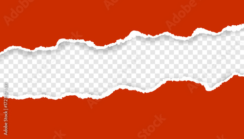 Torn paper hole with curled edge and shadow. Ripped sheet with realistic tear effect. Vector 3D banner template with space for text on transparent or dark background.
