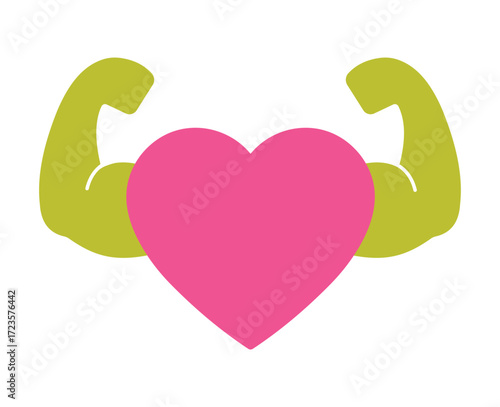 Strong heart icon with flexing bicep muscles. A symbol for cardiovascular health, fitness, and a healthy lifestyle.
