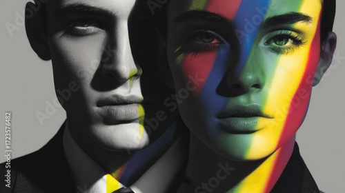 Closeup portraits two people grayscale and colorful