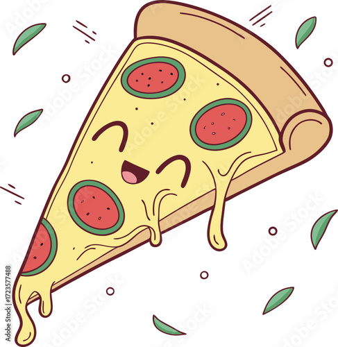 Vector illustration of a delicious Italian fast food pizza slice with cheese, tomato, and pepperoni sausage for a tasty lunch meal