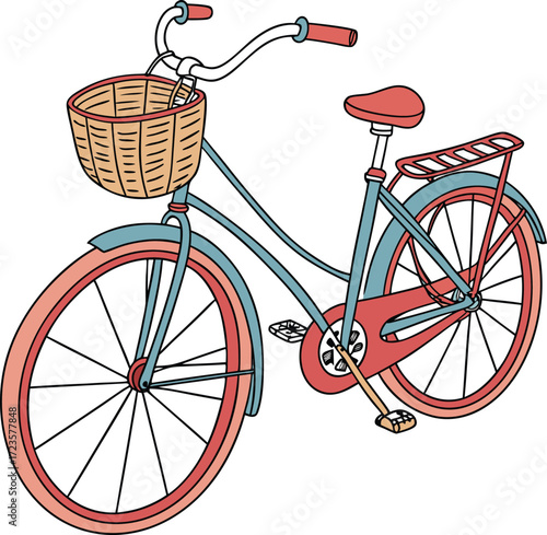 Vintage black bicycle vector illustration with red seat and wheels, an isolated retro transport vehicle for a sporty ride