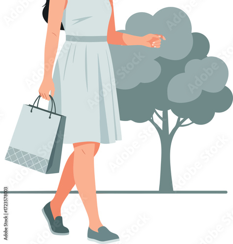 Woman in White Dress Walking with Shopping Bag in Park Shopping Concept