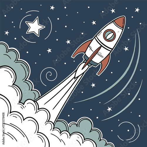 The colorful cartoon rocket flies past a planet and stars during a cosmic space exploration