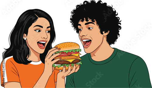A boy and a girl having pizza together vector illustration