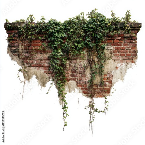 Weathered brick wall overgrown with ivy