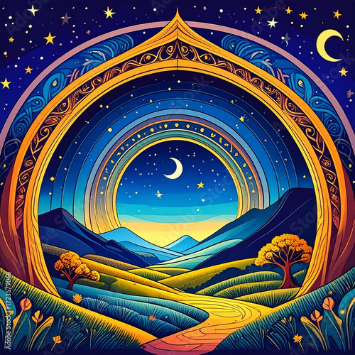the art presents a landscape framed by an ornate, golden archway. rolling hills and fields lead towards distant mountains, set against a twilight sky speckled with stars and a crescent moon