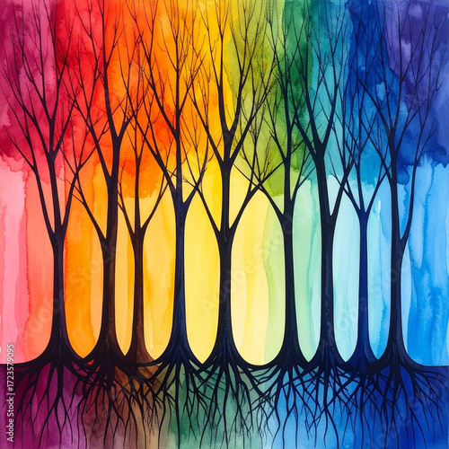 the image shows a series of trees with bare branches silhouetted in dark tones against a background of flowing colors