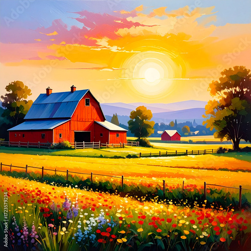 the vibrant painting portrays a rural landscape dominated by a large red structure with a blue roof, nestled in a golden field. sunlight washes over the scene, creating a warm and idyllic atmosphere