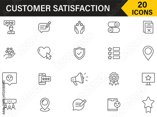 Customer satisfaction icons set. Vector illustration in modern 20 icons related to client satisfaction, review, feedback, service quality, customer experience and more outline symbol collection.