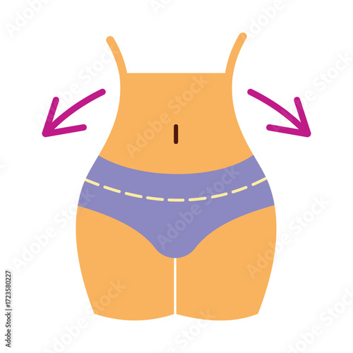 Woman's waist and hips with arrows indicating weight gain or bloating. Icon for diet, health, and body changes concepts.
