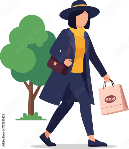 Stylish Woman with Shopping Bag Walking in the City Park Vector Illustration