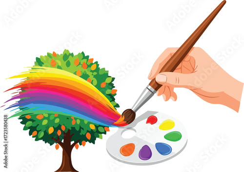 Creative Hand Painting a Rainbow Tree on White Artistic Concept