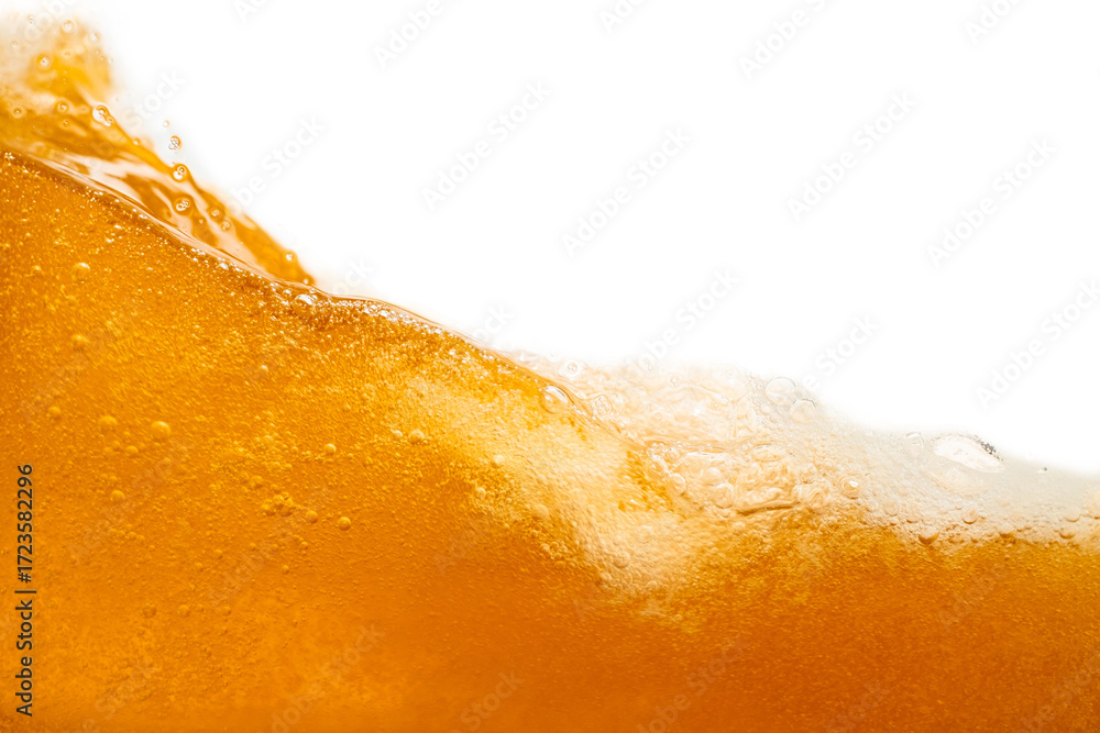 Obraz premium Close up bright orange Oil or beer splash texture and nature waves, Beautiful waves curve and little bubbles smooth for graphic design and background, Oil Bubbles, Soft beer bubbles, Selective focus