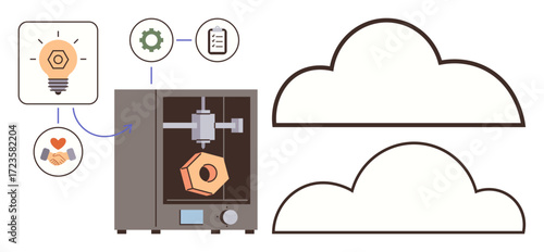 3D printer creating an object, surrounded by innovation, gears, collaboration, and document icons. Ideal for technology, creativity, manufacturing, cloud storage teamwork processes education