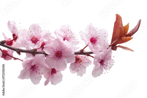 Delicate pink blossoms on a branch against a white background.  Clusters of light pink flowers with darker centers are on a light brown branch.  Tiny, reddish-brown leaves are visible