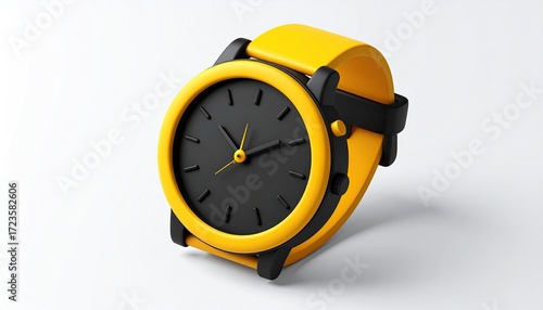 A 3D rendering of a wristwatch with a black face and yellow band, shown angled on a white background