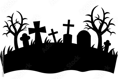Vector silhouette of a scary cemetery landscape with graves