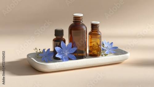 Amber glass bottles of essential oils rest on a cream-colored tray, adorned with delicate light-blue flowers.  Soft, natural light casts gentle shadows