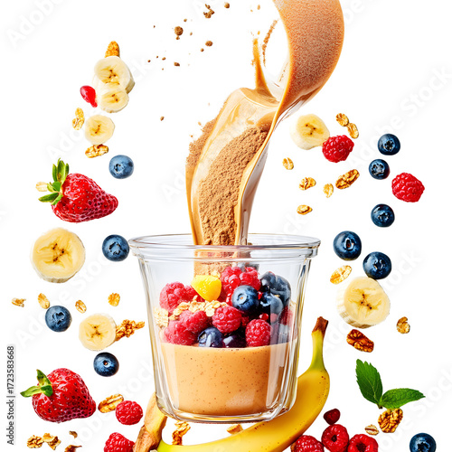 Macro Shot of Maca Powder Being Poured into a Transparent Glass Jar