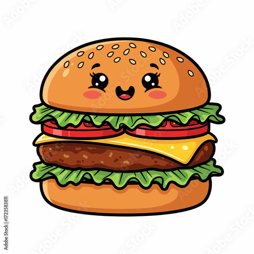 Adorable Cartoon Burger with Smiling Face Lettuce Tomato Cheese and Sesame Seed Bun.
