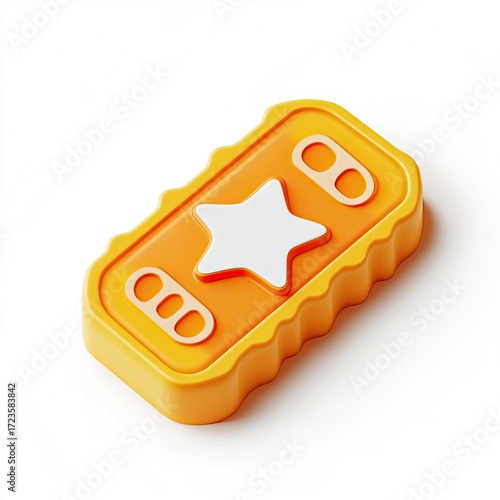 3D render of a bright orange ticket with a white star