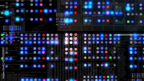 Horizontal macro shot of a luminous data matrix with multicolor dots and code fragments, illustrating data analysis, computing processes and cyber technology.