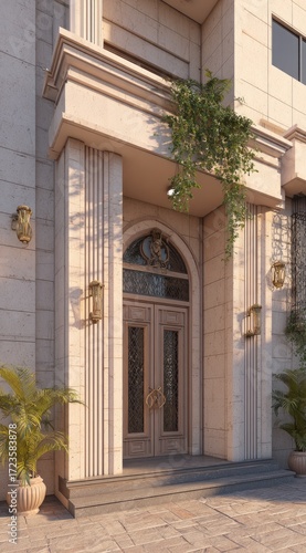 A stately entryway of a light beige stone building, featuring a grand double door with detailed wooden paneling and stained glass.