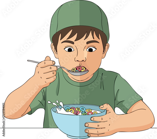 Boy Enjoying Colorful Cereal Breakfast Healthy Eating Concept Children s Nutrition