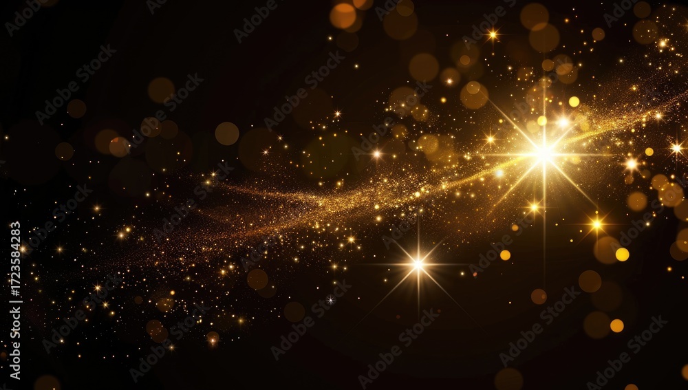 Obraz premium A dark background features a shimmering gold stardust trail with bright stars, creating a celestial, magical atmosphere
