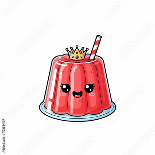 Cartoon Red Jello Dessert with Crown Straw and Kawaii Face on a Plate.