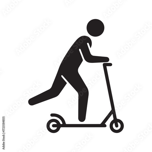Scooter rider icon, simple silhouette of a person on a kick scooter. Symbol for transportation, recreation, and urban mobility.
