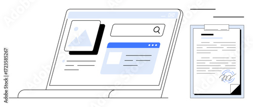 Laptop displaying search and content interface alongside a clipboard with a signed document. Ideal for digital workflow, productivity, e-signature, document management, online tools, remote work