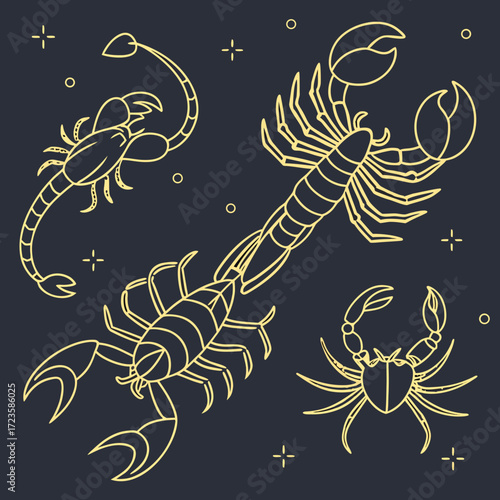 Illustration featuring three stylized scorpions with celestial elements on a dark background design