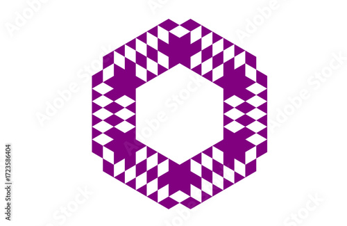 Abstract purple mandala with compact hexagonal shape and repeating diamond triangle motifs, sacred geometry inspired ornamental design, optical illusion artwork for meditation and wall decor