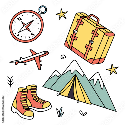 Hand drawn travel icons including a compass suitcase airplane boots tent mountains and stars design illustration