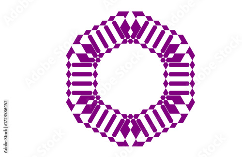 Abstract circular mandala pattern with optical illusion and geometric symmetry in purple, ornamental concentric sacred geometry design, modern decorative artwork for meditation and yoga