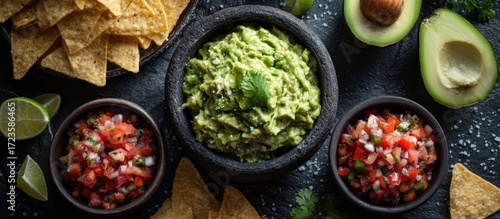 Delicious Mexican Guacamole, Salsa, and Tortilla Chips
