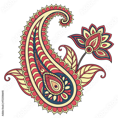 Stylized paisley design with flower and leaves in red yellow and blue colors on white background