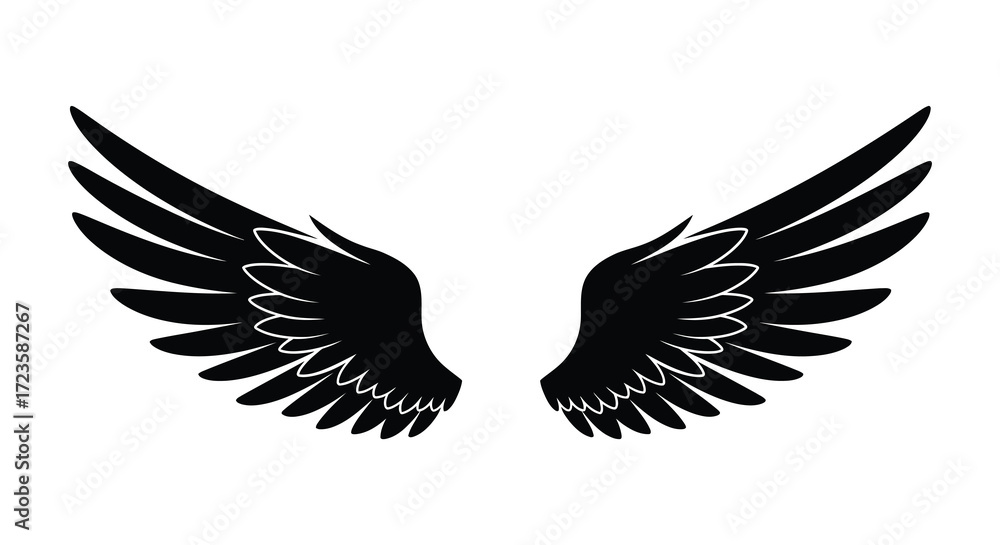 Obraz premium Detailed black wings spread wide against a stark white background silhouette