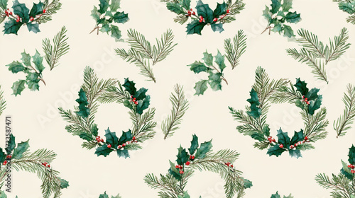 Watercolor seamless pattern with holly wreaths, pine branches and red berries for traditional Christmas and winter holiday design