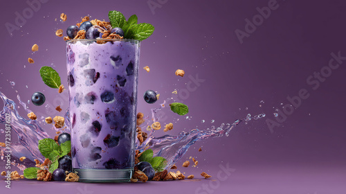 A glass of purple drink with blueberries and green leaves. The drink is topped with granola
