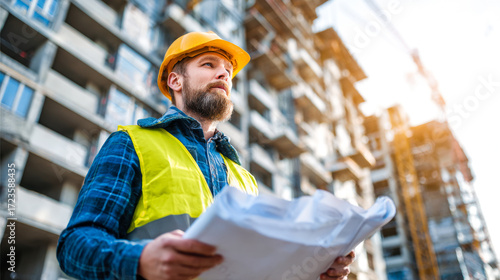Civil engineer inspects construction plans at building site, showcasing dedication and professionalism