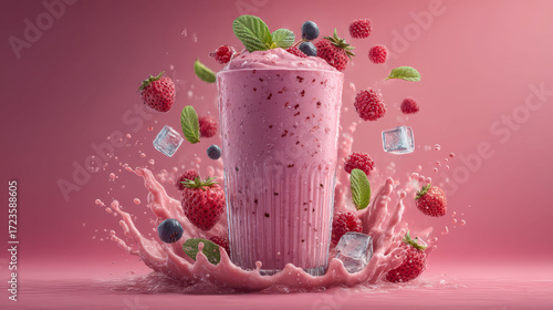 A pink background with a strawberry smoothie in a glass with ice and raspberries. The smoothie is splashing out of the glass, creating a sense of motion and excitement