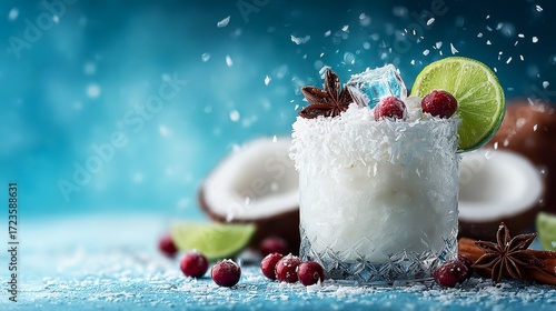 A drink with a lime and a cherry on top. The drink is in a glass and has a lot of ice in it