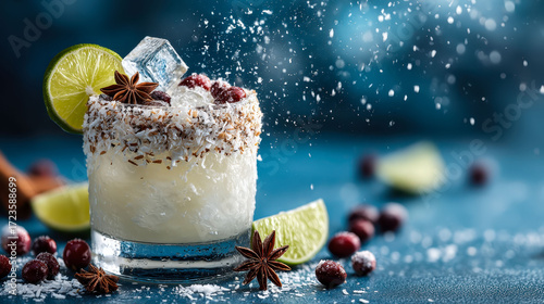 A glass of margarita with a lime garnish and a sprinkle of cinnamon on a blue table