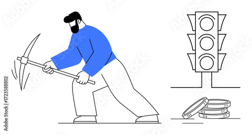 Man striking ground with pickaxe near stack of coins and a traffic light suggesting effort, decision-making, and resource management. Ideal for business, work, finance, choices, productivity, labor