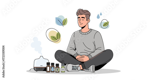 A man practices mindfulness and relaxation at home with an essential oil diffuser, promoting wellness and a serene, balanced lifestyle through aromatherapy.