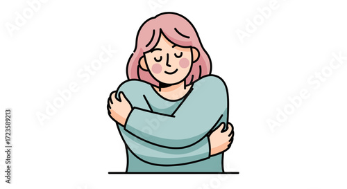 This charming illustration depicts a peaceful woman with pink hair gently hugging herself, embodying concepts of self-care and emotional well-being.
